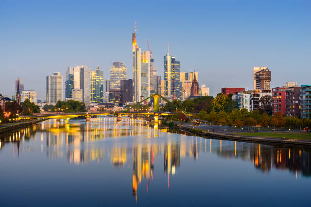 istock Frankfurt City Skyline and Main River Reflection Illuminated at Twilight, Germany 1054966556