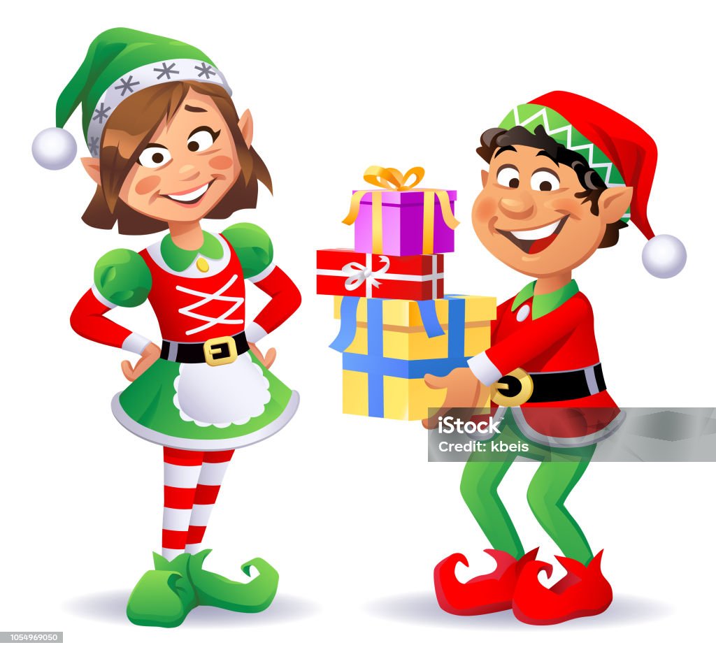 Christmas Elves Boy And Girl Vector illustration of two cheerful Christmas elves wearing santa hats and pantyhoses. The girl is having her hands on her hips, and the boy is carrying Christmas presents. They are looking at the camera. Elf stock vector