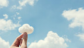Woman hand holding cotton wool on cloud sky background. The development of the imagination.