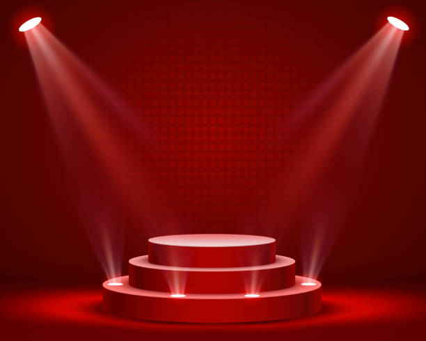 照明、赤の背景、ベクトル図で授賞式のステージ表彰台シーンとステージ表彰台 - 表彰台点のイラスト素材／クリップアート素材／マンガ素材／アイコン素材