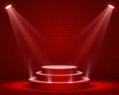 istock Stage podium with lighting, Stage Podium Scene with for Award Ceremony on red Background, Vector illustration 1054969698