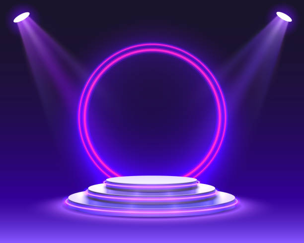 ilustrações de stock, clip art, desenhos animados e ícones de stage podium with lighting, stage podium scene with for award ceremony on purple background, vector illustration - podium pedestal construction platform award