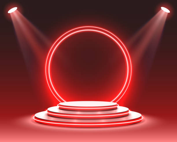 istock Stage podium with lighting, Stage Podium Scene with for Award Ceremony on red Background, Vector illustration 1054969736