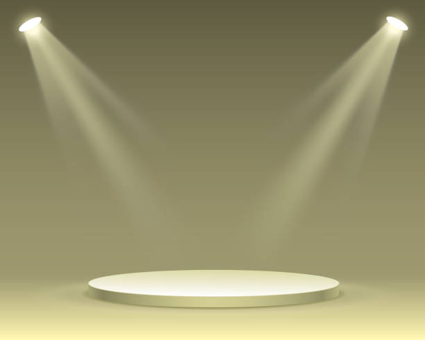 istock Stage podium with lighting, Stage Podium Scene with for Award Ceremony on yellow Background, Vector illustration 1054969886