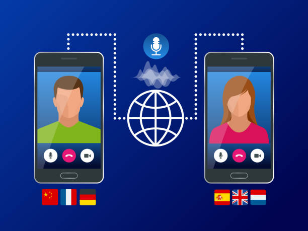 ilustraciones, imágenes clip art, dibujos animados e iconos de stock de concepto idiomas traductor y aprendizaje de voz en línea. e-learning, traducir idiomas o audioguía. traductor de chatbot inteligencia artificial. - simultaneous interpreter