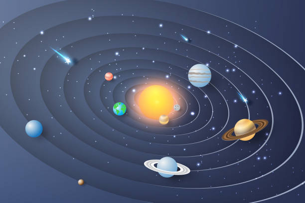 ilustrações, clipart, desenhos animados e ícones de arte de papel de fundo do círculo de sistema solar. os planetas estão girando em torno do sol. a galáxia está cheia de estrelas. vetorial, ilustração - mercury rocket