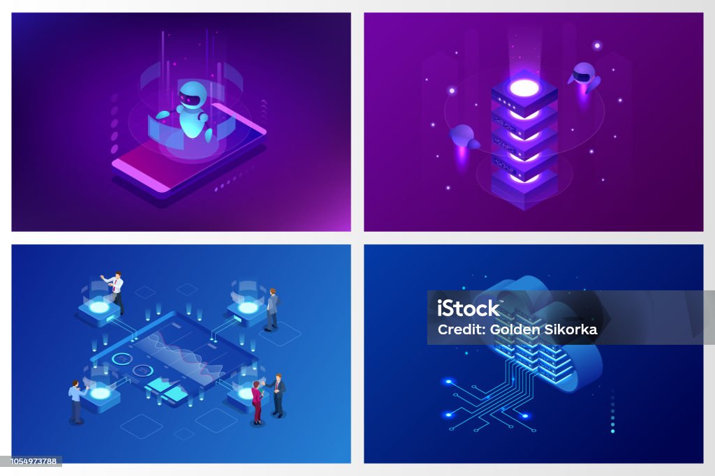 Isometric Artificial Intelligence. Chatbot and future marketing. AI and business IOT concept. Dialog help service. Vector illustration. Isometric Artificial Intelligence. Chatbot and future marketing. AI and business IOT concept. Dialog help service. Vector illustration Isometric Projection stock vector