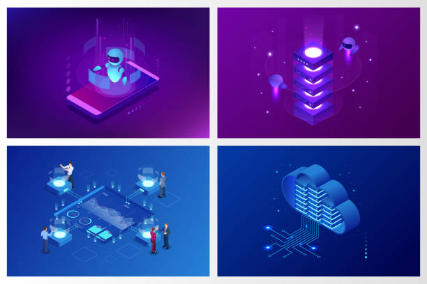 Isometric Artificial Intelligence. Chatbot and future marketing. AI and business IOT concept. Dialog help service. Vector illustration. Isometric Artificial Intelligence. Chatbot and future marketing. AI and business IOT concept. Dialog help service. Vector illustration data illustrations stock illustrations