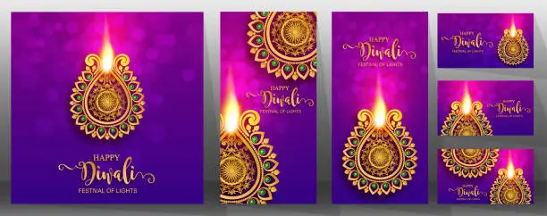 Vector illustration of Happy Diwali festival card with gold diya patterned and crystals on paper color Background.