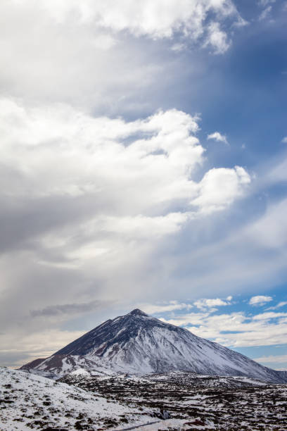 Scenic view of snow volcano El Teide in winter. Nature landscape background