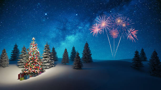 árvore de natal decorada em noite de inverno fundo 3d render - christmas christmas tree snowing blue - fotografias e filmes do acervo