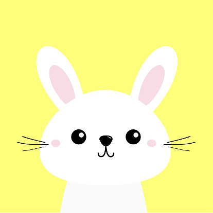 Ilustración de Conejo Conejo Blanco Personaje De Dibujos Animados Cute  Kawaii Cara De Bebé Cabeza Divertida Orejas Grandes Plantilla De Tarjeta De  Felicitación Símbolo De Signo De Pascua Feliz Fondo Amarillo Diseño