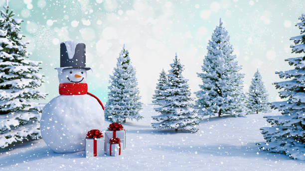 istock Winter background with a snowman, snow and snowflakes 3d render 1054980102