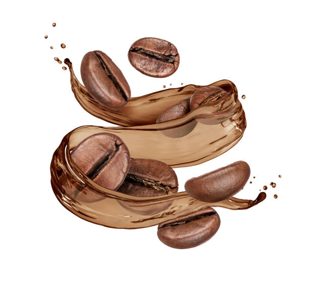 istock Coffee beans with coffee splashes closeup, isolated on white background 1054980826