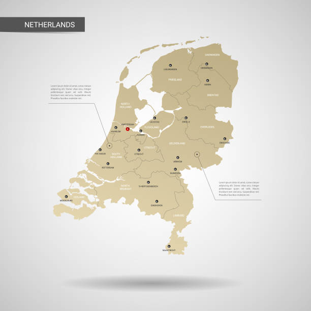 Stylized Netherlands map vector illustration. Stylized vector Netherlands map.  Infographic 3d gold map illustration with cities, borders, capital, administrative divisions and pointer marks, shadow; gradient background. netherlands stock illustrations