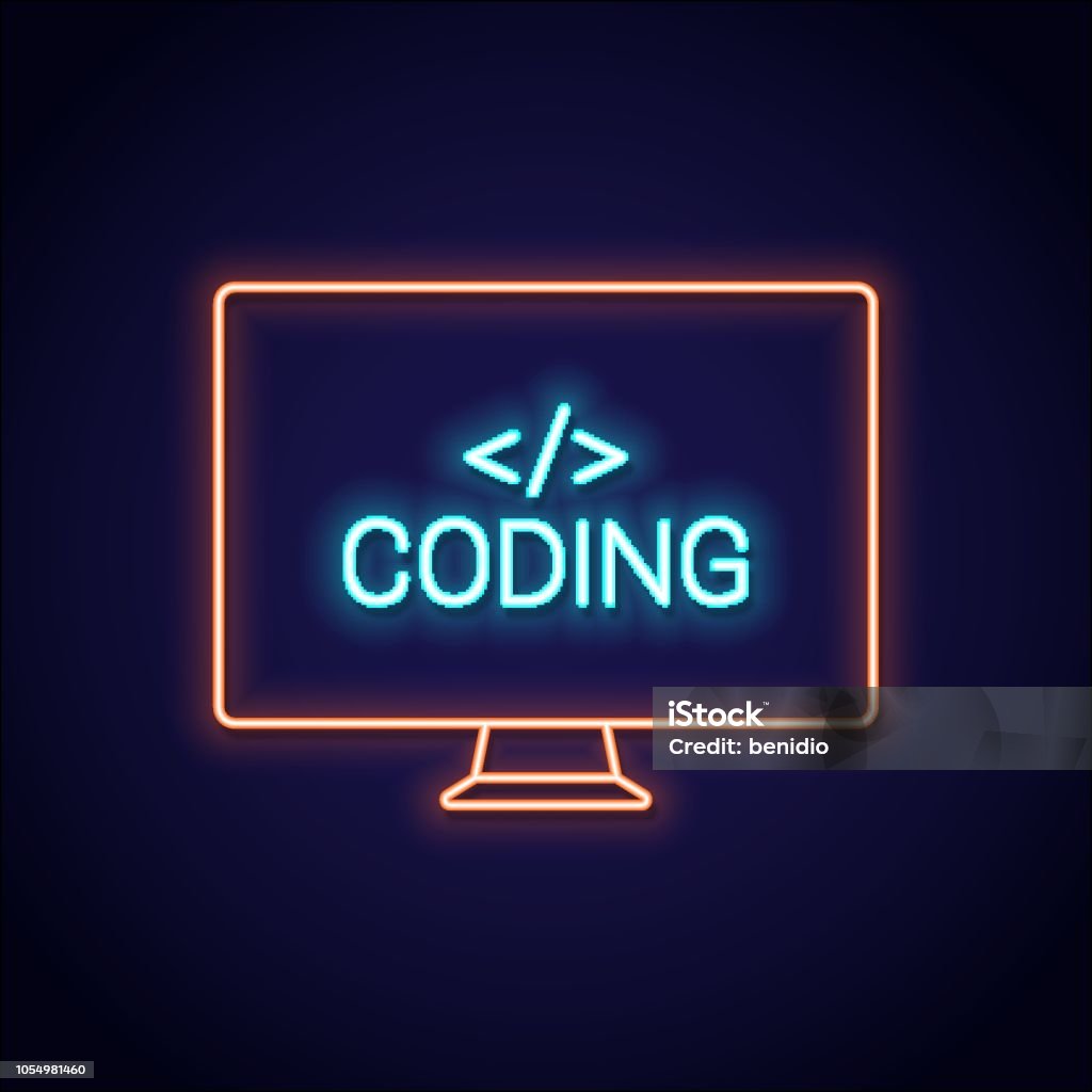 Coding Neon Sign Pc Monitor With Programming Neon Banner On Brick ...