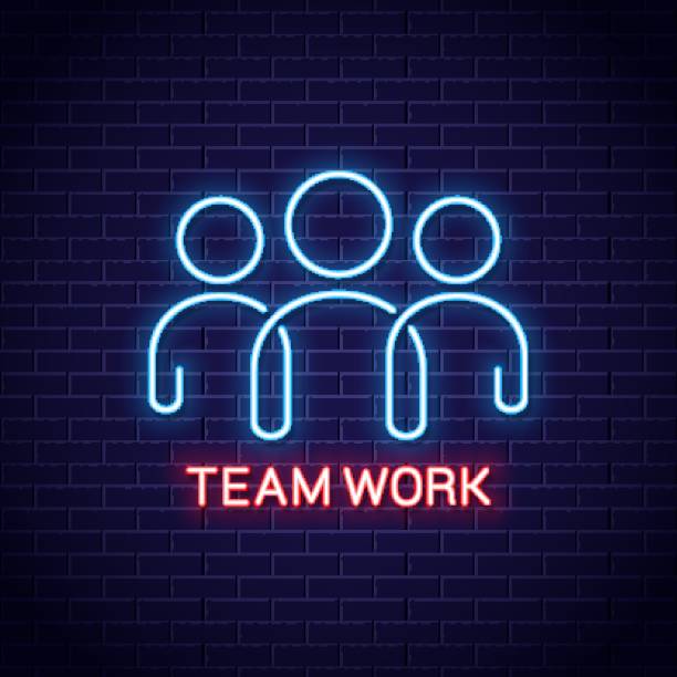 Teamwork neon sign. Team work banner with neon line on wall background Teamwork neon sign. Team work banner with neon line on wall background 10 eps single line power isolated electricity stock illustrations