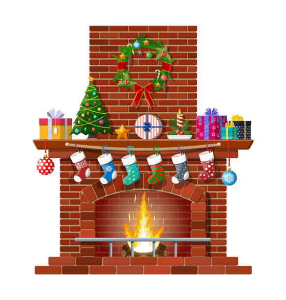 stockillustraties, clipart, cartoons en iconen met kerst rode bakstenen klassieke open haard - fireplace