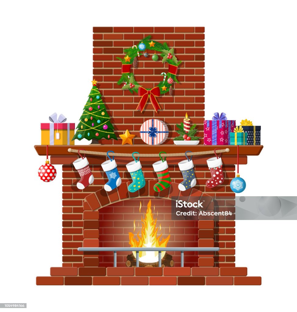 Christmas red brick classic fireplace Red brick classic fireplace with socks, christmas tree, candle balls gifts and wreath. Happy new year decoration. Merry christmas holiday. New year and xmas celebration. Vector illustration flat style Fireplace stock vector