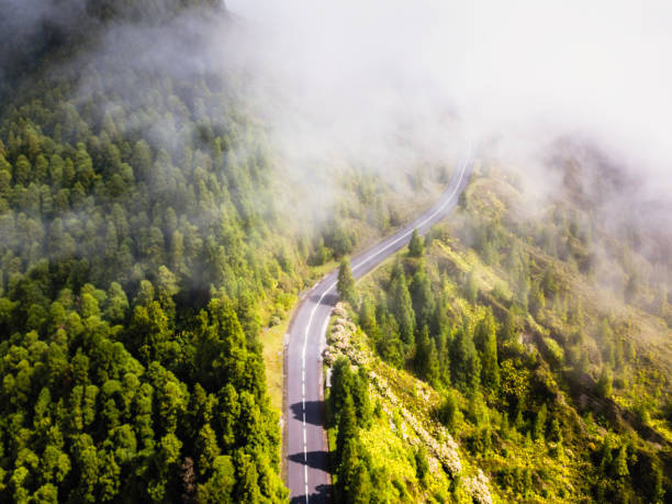 istock Mountain road shrouded in fog. 1054984614