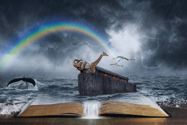 Noah's Ark Biblical Story An open Bible with the story of Noahâs ark. noahs ark stock pictures, royalty-free photos & images