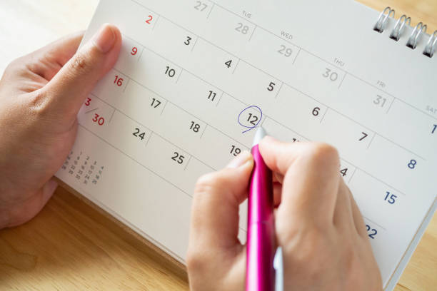 istock calendar page with female hand holding pen on desk table 1054988018
