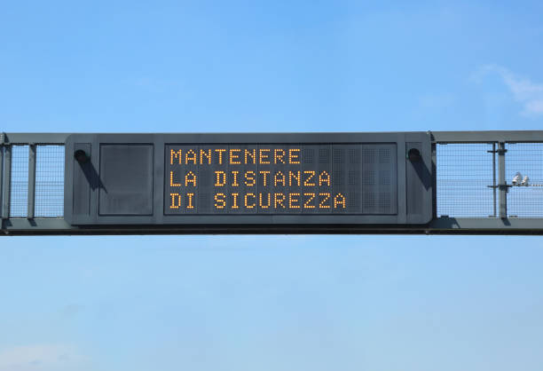 istock traffic sign in high with text that means keep the safety distan 1054991338