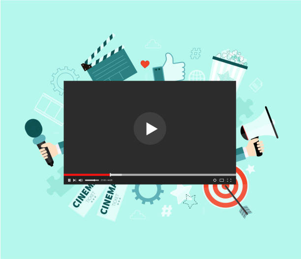 Video concept Video concept illustration. Flat design with big player symbol. Cinema. Video marketing campaign. Content. Vlog. microphone borders stock illustrations