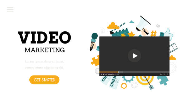 Video marketing campaign Video marketing campaign. Landing page template. Flat vector illustration for web  design with big player symbol.  Cinema. Content. Vlog. microphone borders stock illustrations