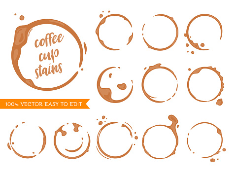 Collection of coffee cup round stains. Vector drops and splashes on white.