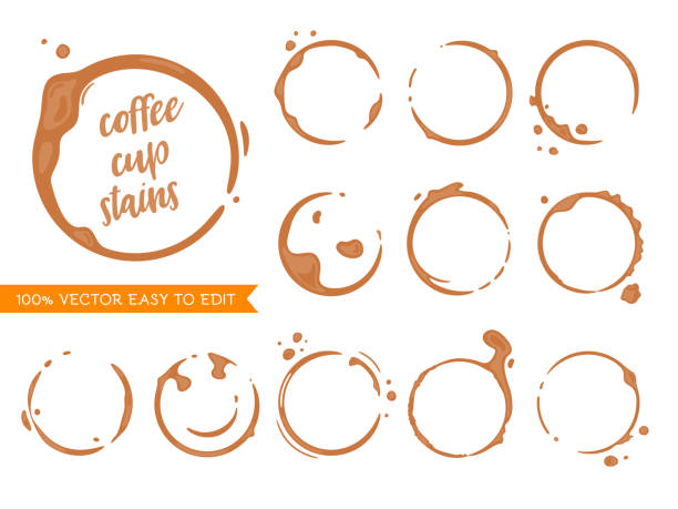 Cofffee stains Collection of coffee cup round stains. Vector drops and splashes on white. coffee stock illustrations