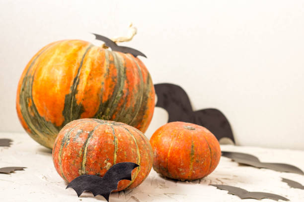 istock orange pumpkin and paper bats on white table, halloween concept 1054999648