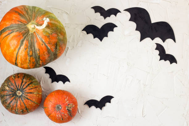 istock orange pumpkin and paper bats on white table, halloween concept 1054999684