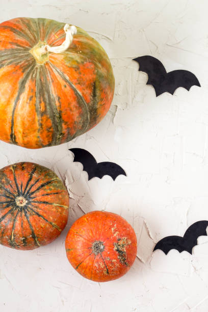 istock orange pumpkin and paper bats on white table, halloween concept 1054999700