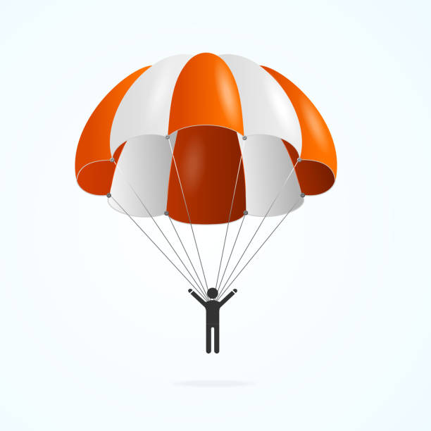 현실적인 상세한 3d 컬러 낙하산 및 검은 실루엣. 벡터 - parachute parachuting skydiving silhouette stock illustrations