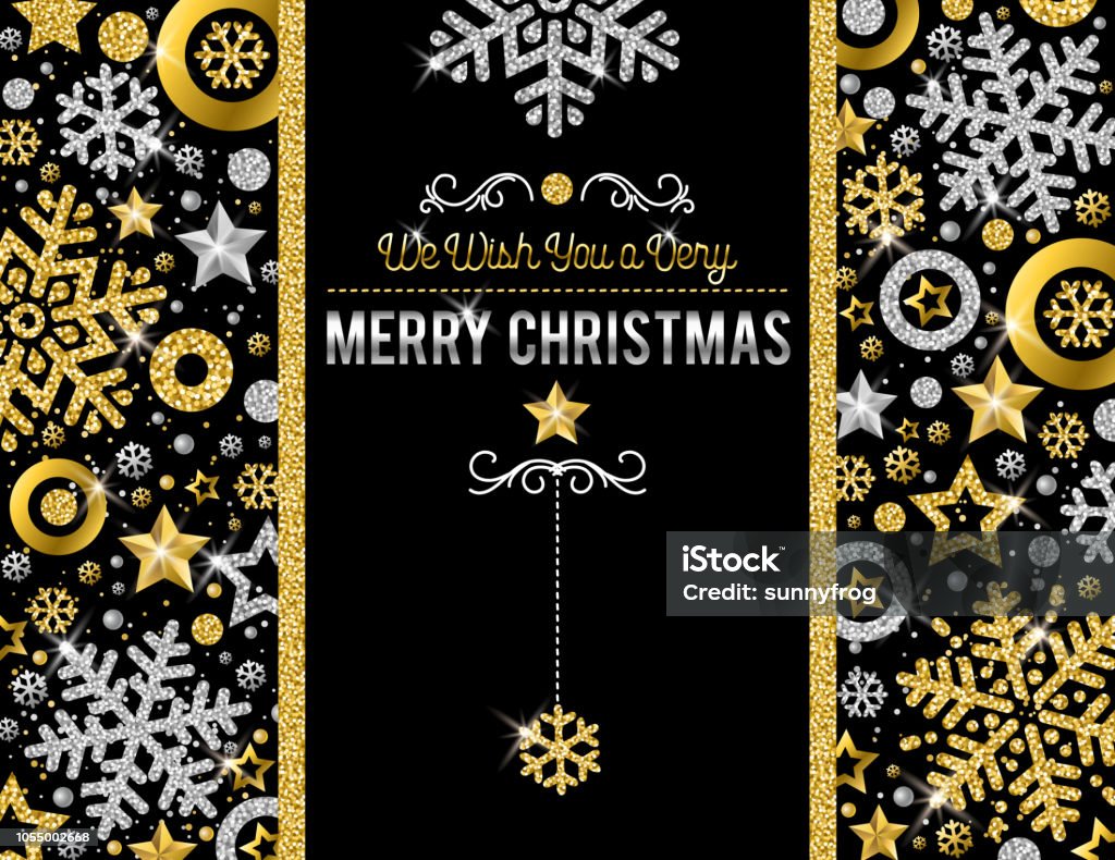 Black christmas card with golden and silver glittering snowflakes and stars, vector illustration Gold - Metal stock vector