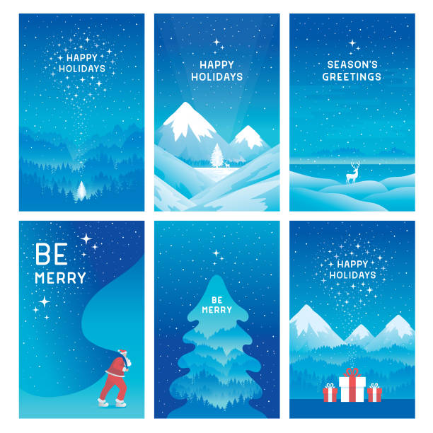 ilustrações de stock, clip art, desenhos animados e ícones de happy holidays cards - snowcapped mountain range snow mountain peak
