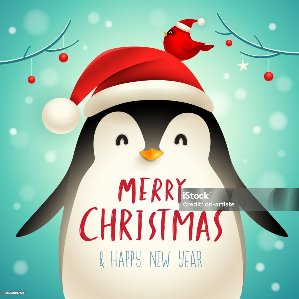 Christmas Cute Little Penguin with Santa’s Cap. Christmas cute animal cartoon character. Christmas stock vector