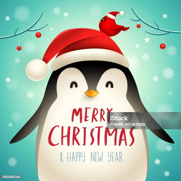 Christmas Cute Little Penguin With Santas Cap Stock Illustration - Download Image Now - Christmas, Penguin, Animal