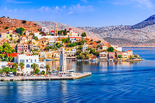 Symi, Greece. Colored houses village in Dodecanese islands, Rhodes.