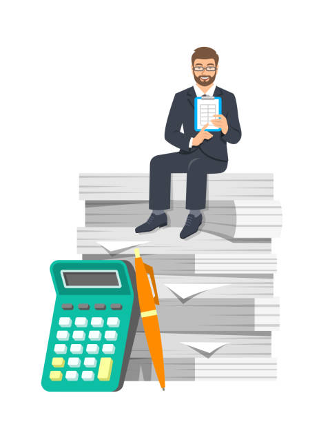 ilustraciones, imágenes clip art, dibujos animados e iconos de stock de concepto de contabilidad de cálculo de pago de impuestos - stack tax paper document