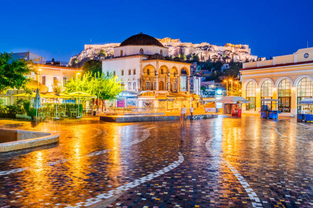 Athens, Greece -  Monastiraki Square and Acropolis Athens, Greece -  Night image with Athens from above, Monastiraki Square and ancient Acropolis. athens greece photos stock pictures, royalty-free photos & images