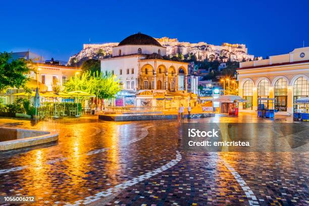 Athens Greece Monastiraki Square And Acropolis Stock Photo - Download Image Now - Athens - Greece, Greece, Night