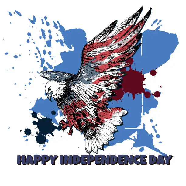 Vector illustration of Happy Independence Day greeting card. American national holiday. Hand drawn illustration. USA Flag, american bald eagle. Watercolor texture.