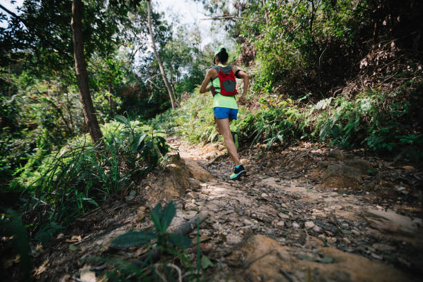 istock Young woman trail runner running on tropical forest trail 1055006874