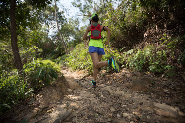 istock Young woman trail runner running on tropical forest trail 1055007210