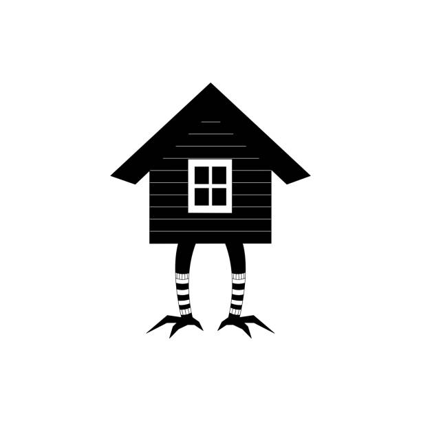 House of  forest witch on chicken legs. House of  forest witch on chicken legs. Black and white icon scared chicken cartoon stock illustrations