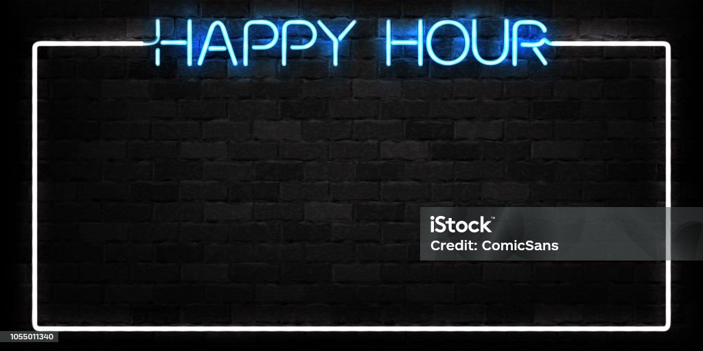 Vector realistic isolated neon sign of Happy Hour frame logo for decoration and covering on the wall background. Concept of night club, free drinks, bar counter and restaurant. - Royalty-free Happy Hour arte vetorial