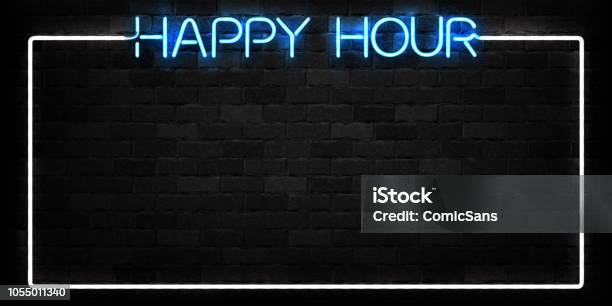 Vector Realistic Isolated Neon Sign Of Happy Hour Frame Logo For Decoration And Covering On The Wall Background Concept Of Night Club Free Drinks Bar Counter And Restaurant - Arte vetorial de stock e mais imagens de Happy Hour