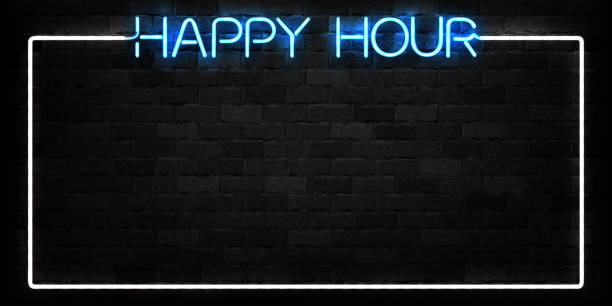 Vector realistic isolated neon sign of Happy Hour frame logo for decoration and covering on the wall background. Concept of night club, free drinks, bar counter and restaurant. Vector realistic isolated neon sign of Happy Hour frame logo for decoration and covering on the wall background. Concept of night club, free drinks, bar counter and restaurant. happy hour stock illustrations